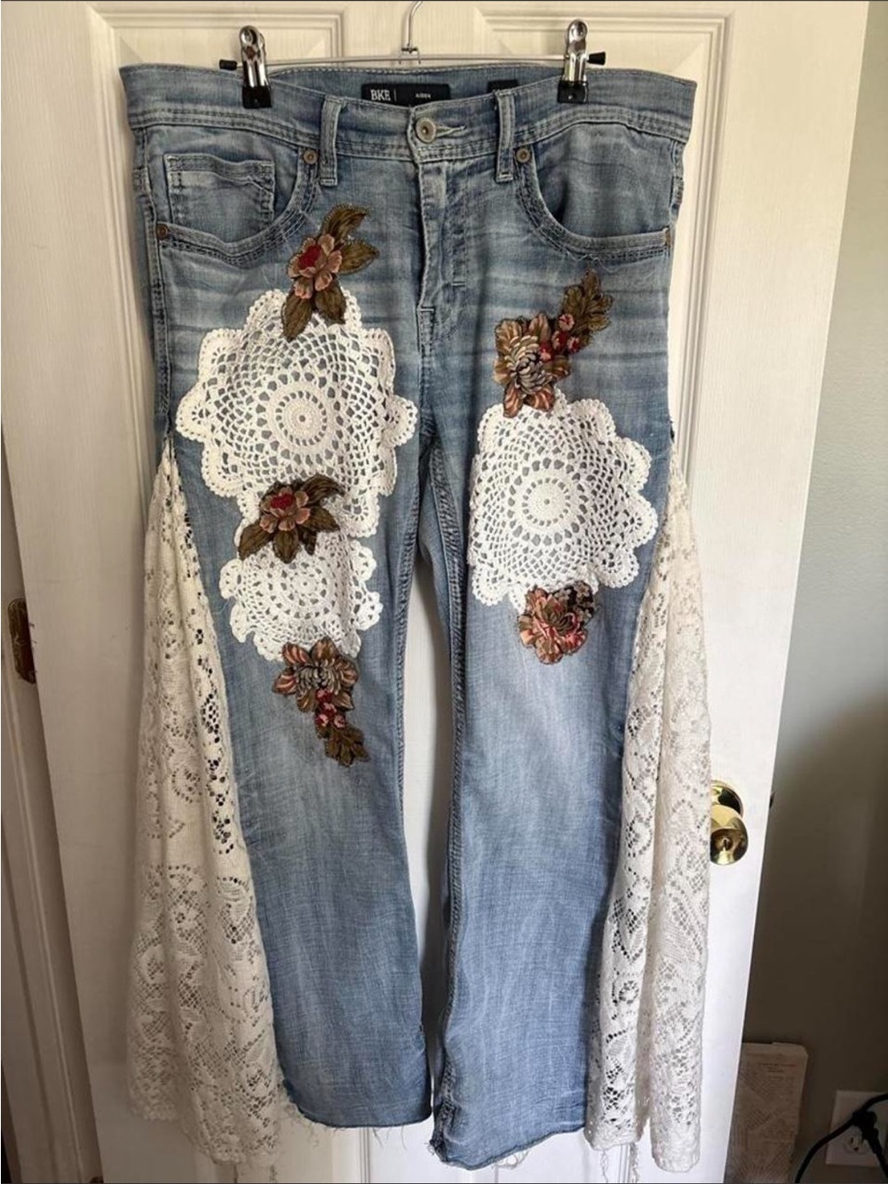 BKE Light Blue Jeans with White Crochet & Floral Appliqués